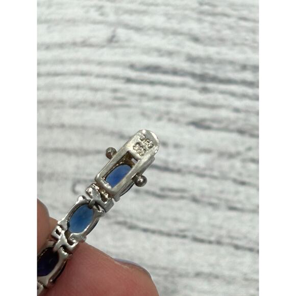 DBJ 925 Sterling Silver 7.5 Inch Blue Oval Stone Sapphire Link Tennis Bracelet - Picture 10 of 11